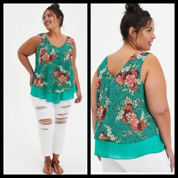 5X 28W Torrid Green Floral Chiffon Tank Double Layer V Neck Woven Georgette - Picture 1 of 7